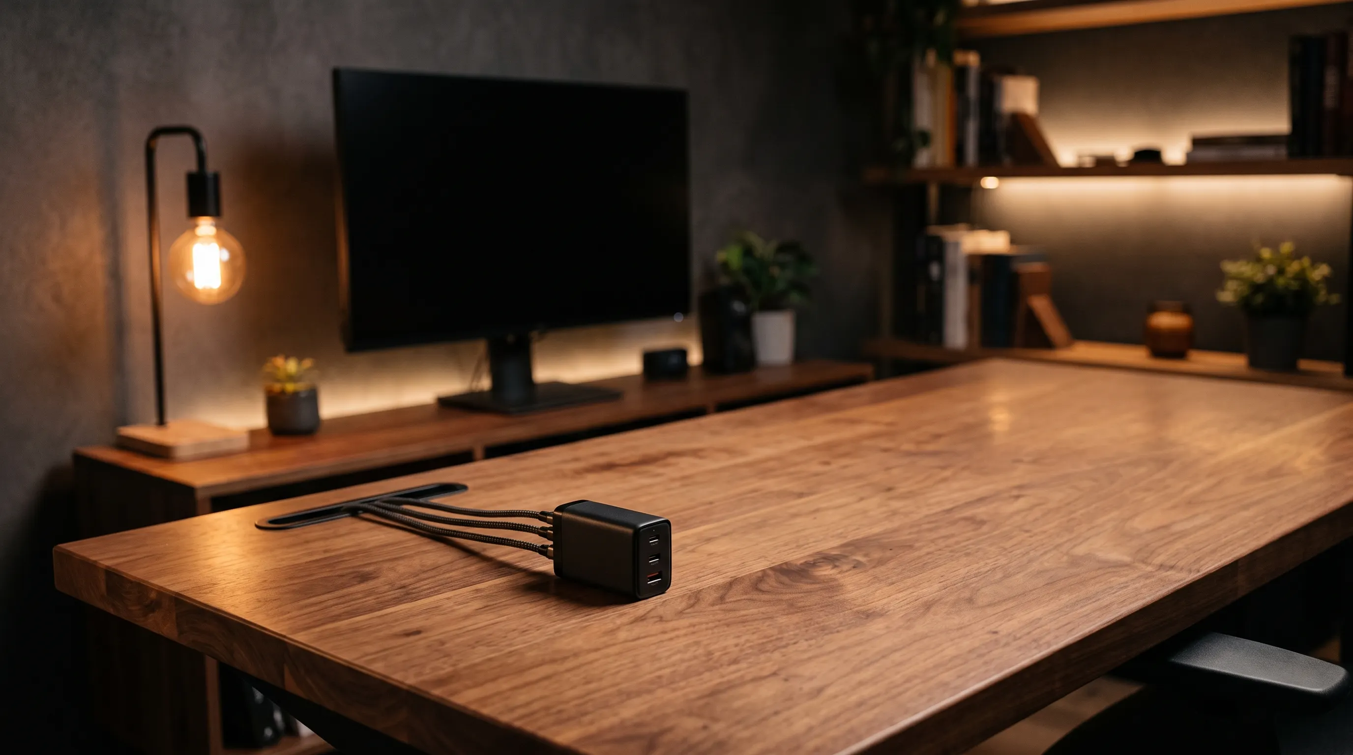 デスクの端に置かれた小型の多ポート充電器。USB-Cポートが複数並び、そこから3本のケーブルが伸びている。