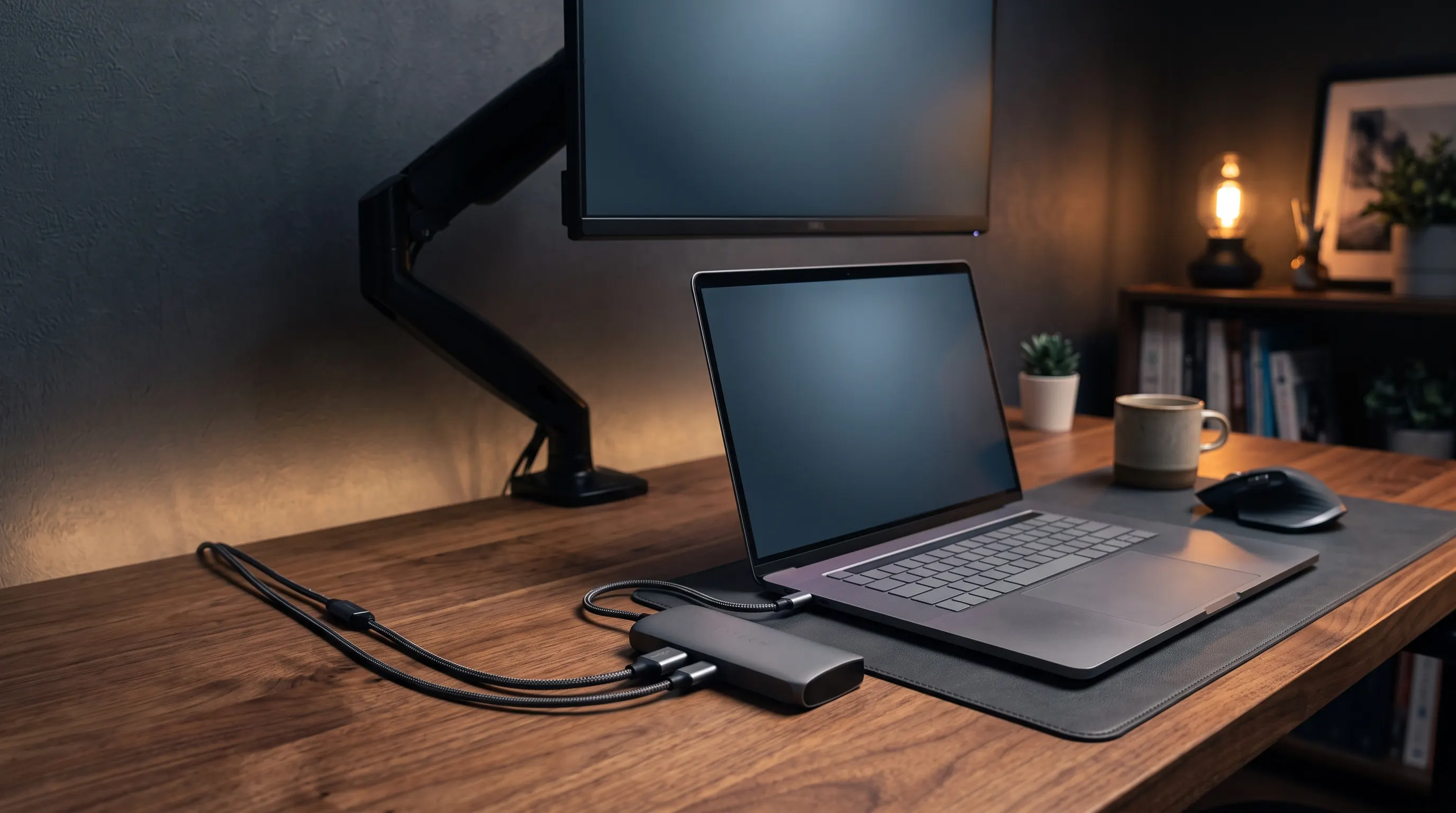 ノートパソコンの横に置かれたUSB-Cドッキングステーション。1本のケーブルでノートパソコンとつながり、背面からモニターやLANのケーブルが伸びている。