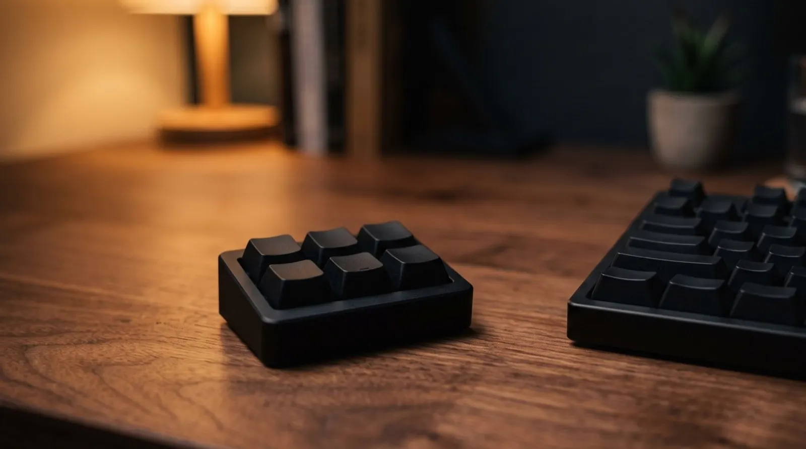 キーボードの左側に置かれた小型のプログラマブルキーパッド。数個のキーが並び、暖色の照明に照らされた木目のデスクの上に置かれている。