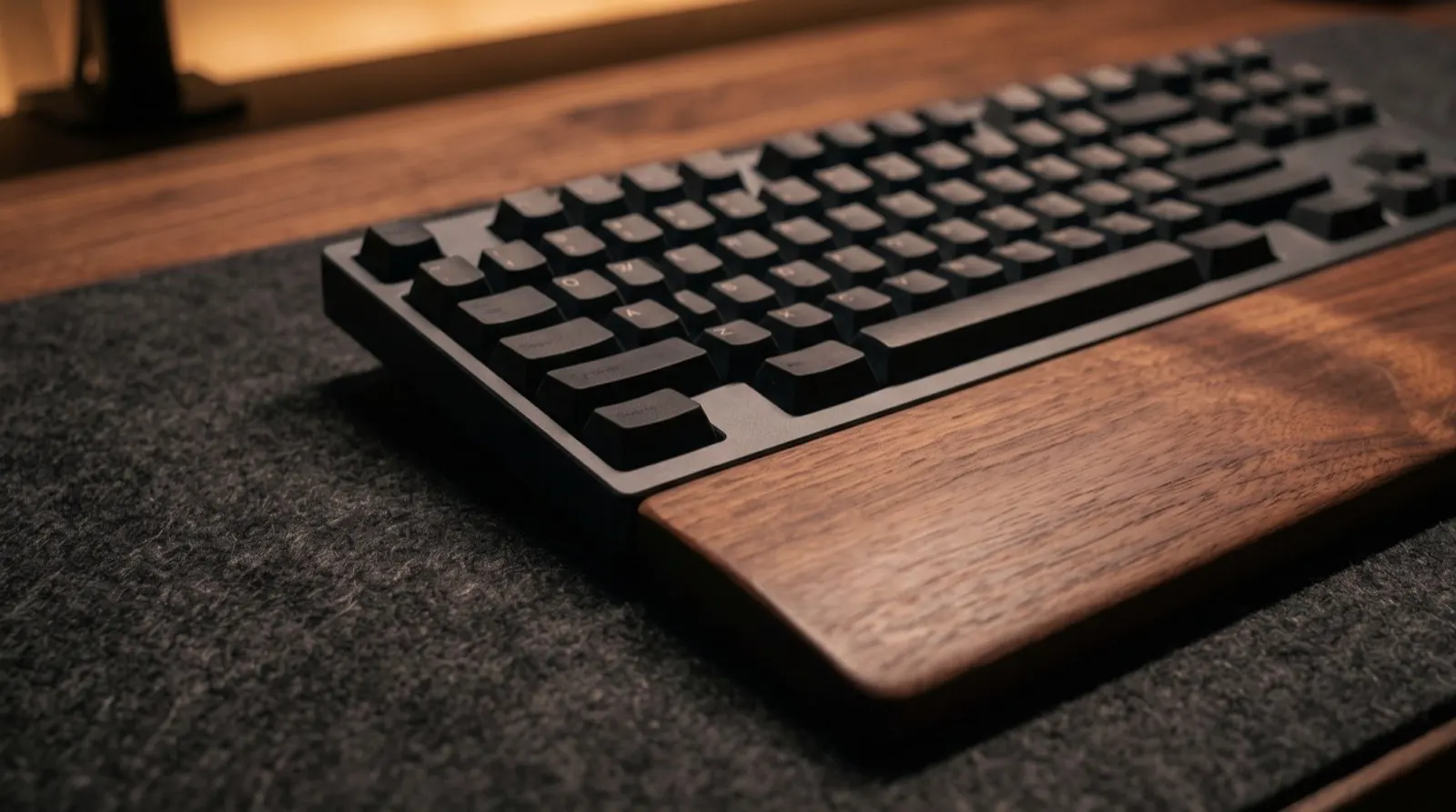 フェルトのデスクマットの上に置かれたメカニカルキーボードと、手前に並んだ木製のパームレスト。暖色の照明がマットの質感を照らしている。