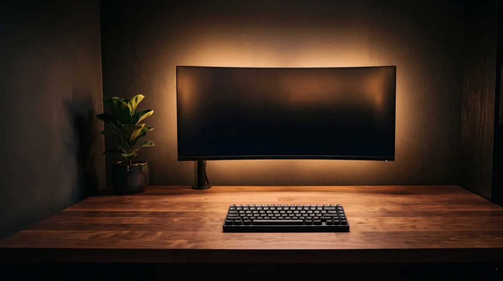 夜のミニマルデスクの全景。木製の天板にはモニターとキーボードだけが残り、ケーブルは完全に隠れている。脇には小さな観葉植物が置かれている。