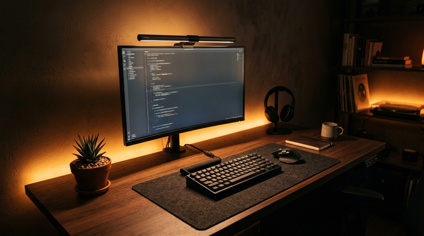 モニターライトと背面のLEDバックライトを組み合わせたデスク環境。暖かなアンバーの間接照明が壁を照らし、手元にはモニターライトの集中した光。
