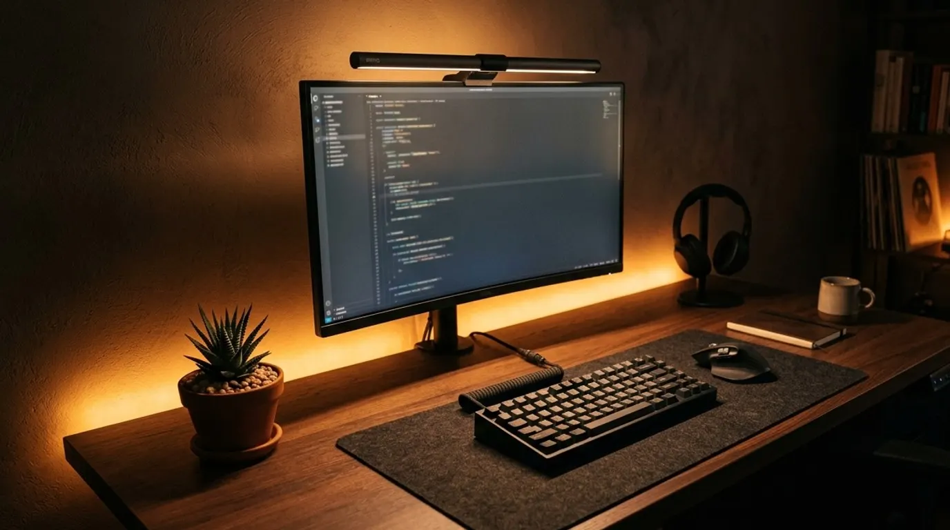 モニターライトと背面のLEDバックライトを組み合わせたデスク環境。暖かなアンバーの間接照明が壁を照らし、手元にはモニターライトの集中した光。