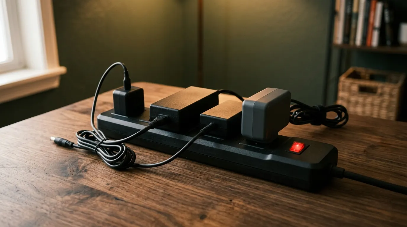 木製デスクの上に置かれた黒い電源タップに、大きさの異なるACアダプタが間隔を空けて接続されている様子。暖色の照明が当たっている。