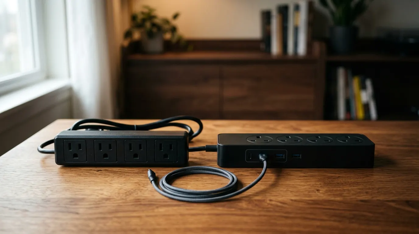 木製デスクの上に並べて置かれた、USBポート付きの電源タップと従来型の電源タップ。USBケーブルが1本だけ接続されている。